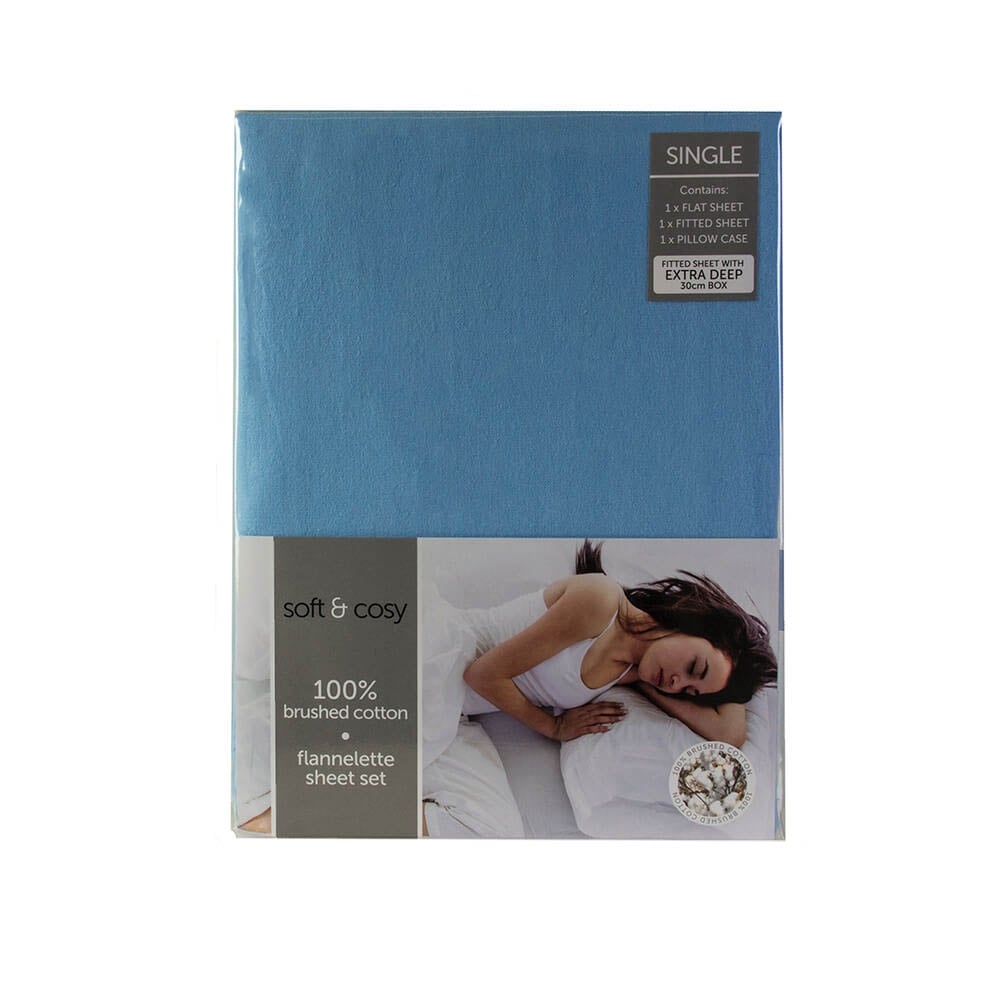 Soft & Cosy Flannelette 140g Bed Sheet Set - Blue