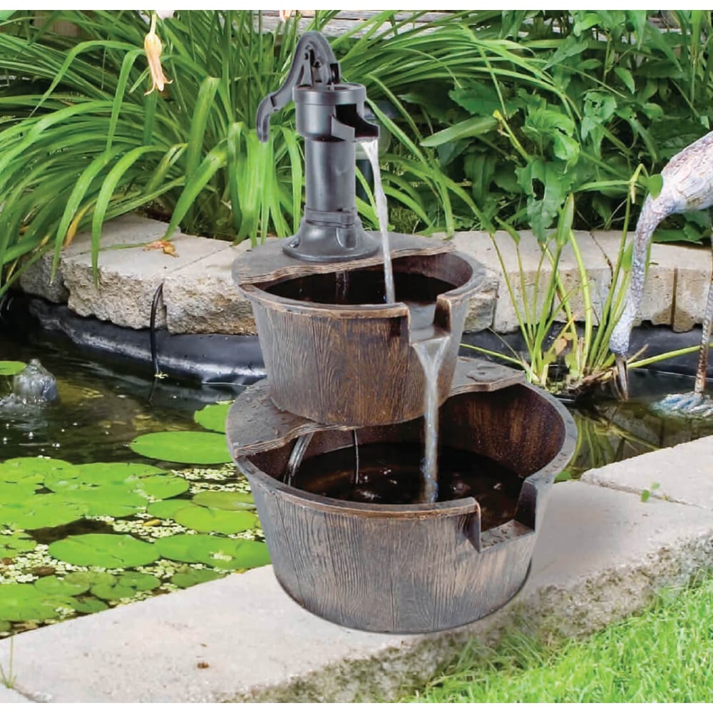 Silver & Stone Outdoor Water Feature 2 Tier Barrel Fountain 62 x 43cm