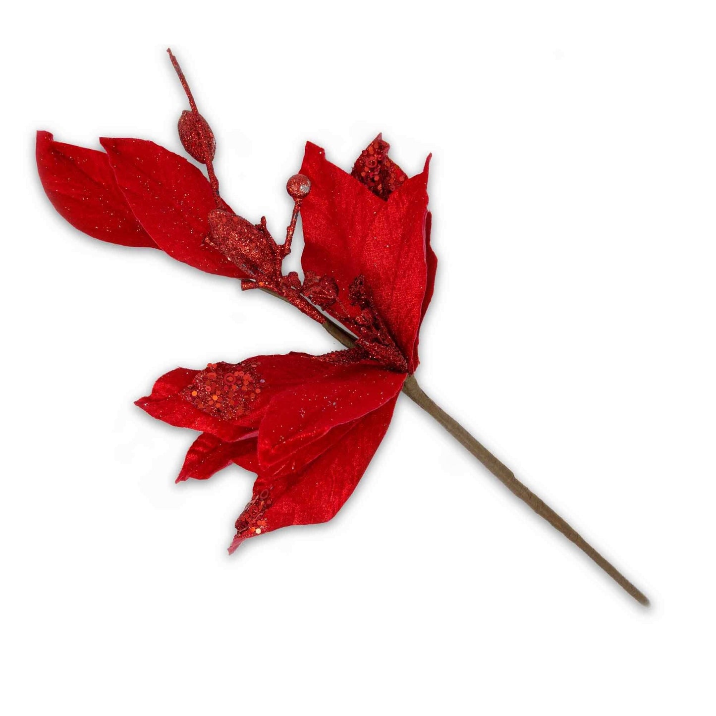 Christmas Sparkle Poinsettia Flower Decoration Stem Pick in Red