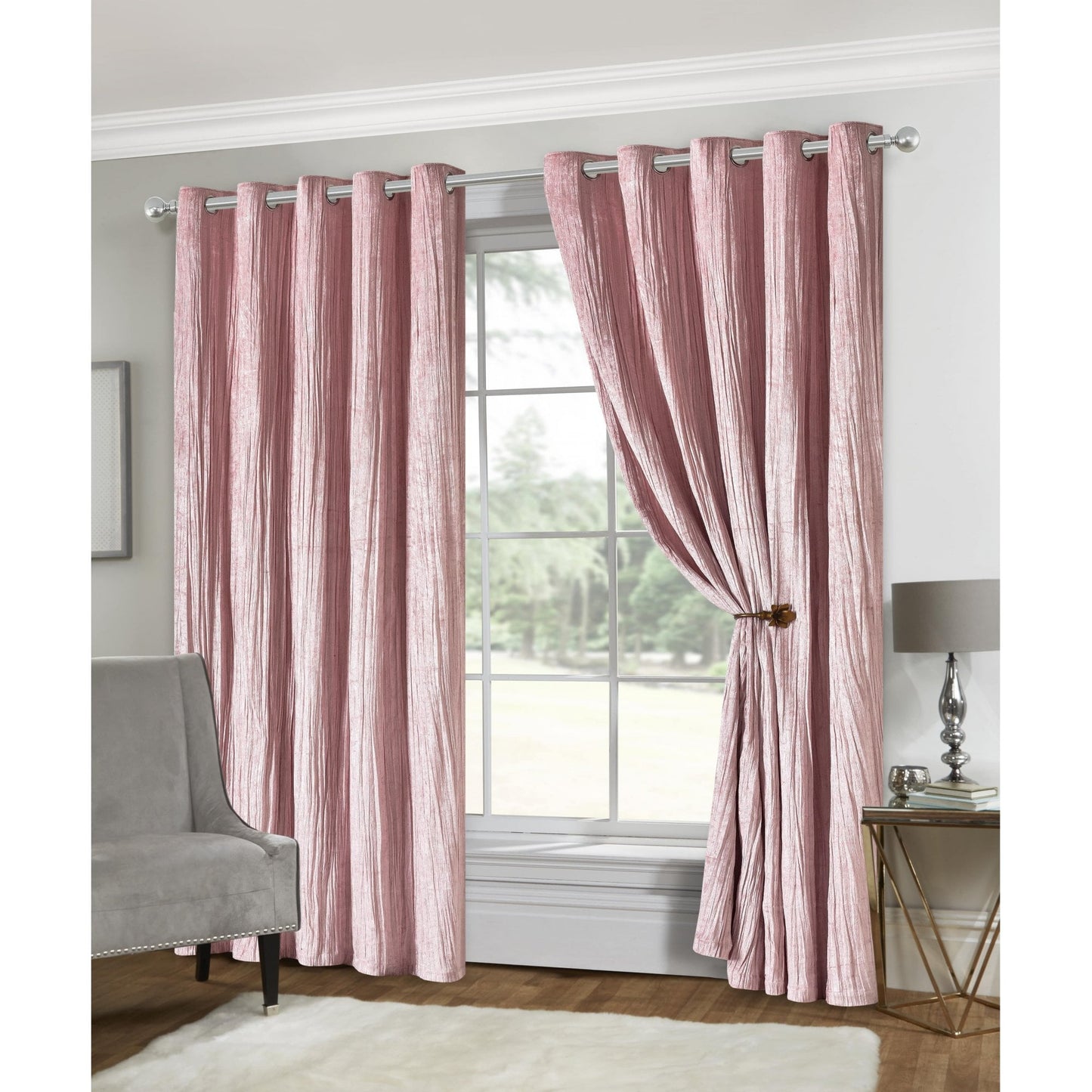 Adeline Crinkle Velvet Eyelet Curtains - Blush