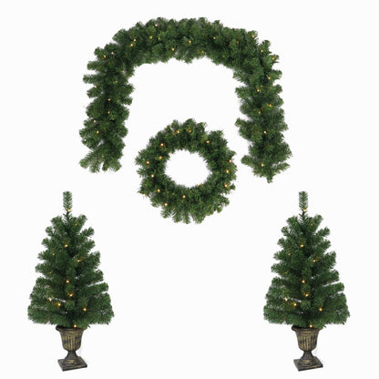 Christmas Sparkle Luxury Regal Prelit Porch Set 4 Piece Battery Operated - contains 2 x 3ft Potted Trees, 1 x 4ft Garland, 1x 40cm Wreath